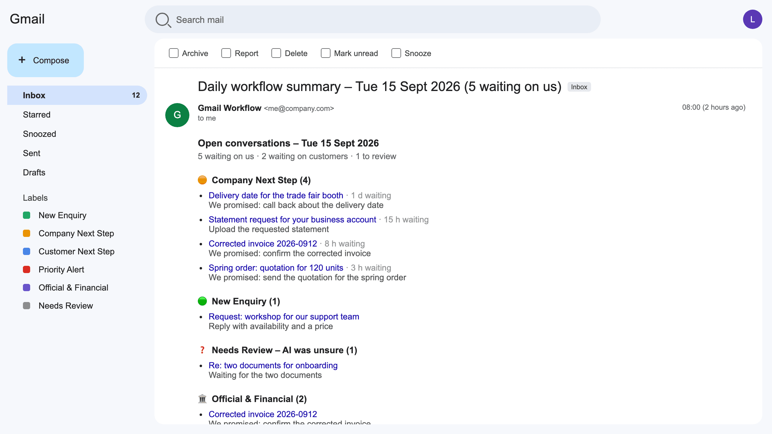 The daily summary email that Gmail agent that knows who has to act next sends