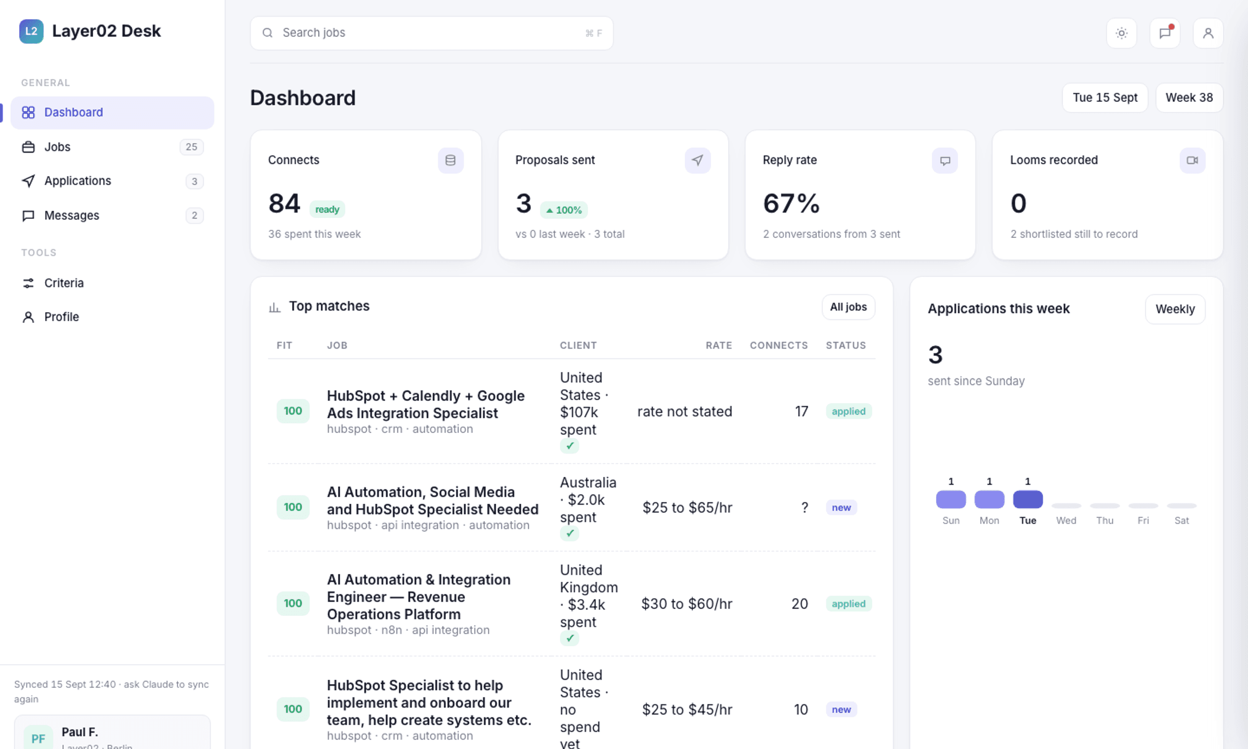 Layer02 Desk, the Upwork command page, as built